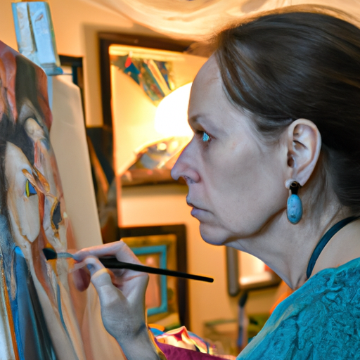 An artist working on a portrait painting, focusing intently on capturing facial details and emotions.